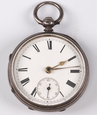 Of Horsham interest, Jury Clamp, a key wind open face pocket watch with enamelled dial, Roman numerals and subsidiary second hand, movement marked J Clamp Horsham 5522 and contained in a silver case, London 1883 (no key) 