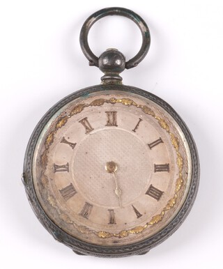 A Continental key wind open face fob watch  with silver and gilt dial (second hand missing), contained in a metal case marked fine silver 