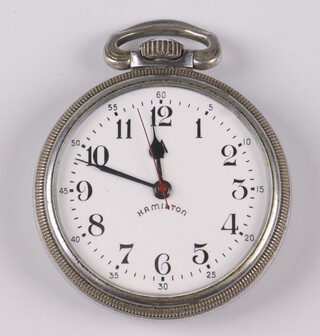 Hamilton, a military open face, keyless pocket watch, the enamelled dial with Arabic numerals and broad arrow, movement signed Hamilton Watch Company USA 3992B US BU Ship, the outer dust cover marked Navigation Master Watch MFR'S Pat. no. 3992B broad arrow, Serial no. 6H-1942 HS.3 