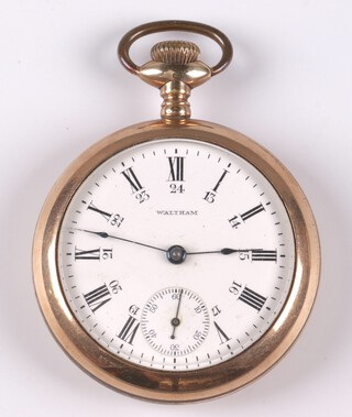 Waltham, a keyless open  face pocket watch with enamelled dial, Roman numerals and subsidiary second hand, the movement marked American Waltham Watch Company 14825496, contained in a gold plated case 