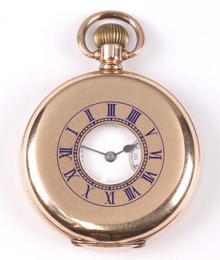 A Waltham USA demi-hunter pocket watch with enamelled dial, Roman numerals and subsidiary second hand, the movement marked Waltham Mass 15 jewels, in a gold plated case 