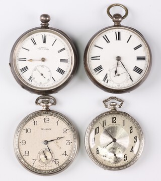 A Waltham Mass key wind open  face pocket watch with enamelled dial, Roman numerals and subsidiary second hand, no. 1,539218, contained in a silver case Birmingham 1893 (no key, the watch is not currently running), together with an H Samual open face pocket watch with enamelled dial, Roman numerals in a 935 case (a/f, not running), an Ingersoll Watch Company open face dress pocket watch with silvered dial and Arabic numerals marked Reliance, movement marked Made in the USA by Ingersoll Watch Company (currently running missing glass to front), together with a South Bend Watch Co. USA open face dress pocket watch with silvered dial Arabic numerals, subsidiary second hand no. 429 (not running) contained in a chrome case (4)