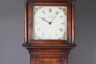 Slater, an 18th Century 30 hour longcase clock with 31cm painted dial, floral spandrels and Roman numerals, marked Slater, complete with pendulum and weight, contained in an oak case, 214cm h