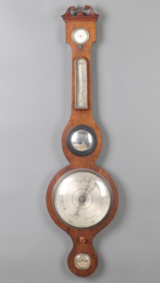G C Cramp Henfield and Horsham, a 19th Century mercury wheel barometer and thermometer with damp/dry indicator, thermometer, mirror, silvered dial and spirit level 84cm h x 25cm w 