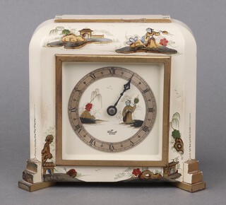 Elliott, a 1930's timepiece with silvered chapter ring, contained in a white lacquered chinoiserie style case 14cm h x 15cm w x 6cm d 