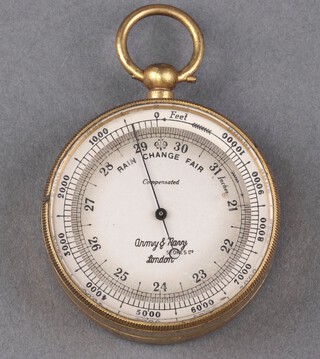 An aneroid pocket barometer, the silvered dial marked Army & Navy Stores Ltd. London 4.5cm, in a gilt metal case 