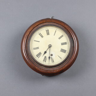 Winterhalder and Hofmeier, a wall timepiece with 20cm painted dial, the 7cm back plate marked W & Esh K, complete with pendulum and key, contained in an oak frame 27cm 