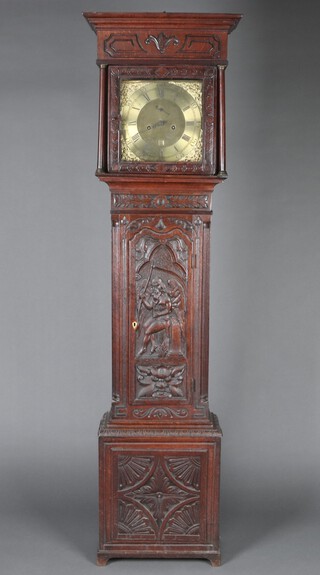 John Evans of Lampter, a 19th Century 8 day striking longcase clock, the 30cm dial with Roman numerals, subsidiary second hand and engraved a 2 masted ship with calendar aperture, complete with pendulum, weights and key, contained in a heavily carved oak case with figure of Father Time to the door 204cm h  