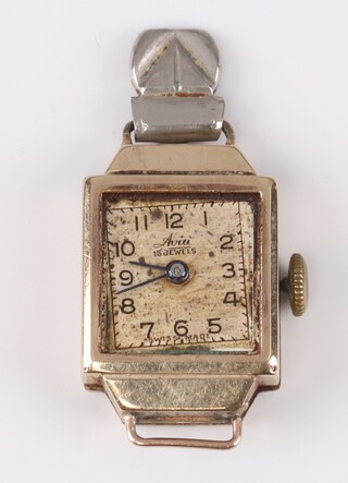 A lady's Avia wristwatch with square dial and Roman numerals, movement marked Swiss Made 15 jewels, contained in a 9ct gold case, 31g gross including small section of metal strap, excluding movement and glass 