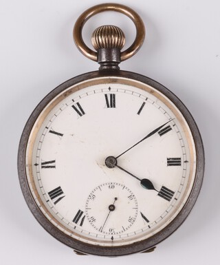 An Omega open faced pocket watch  with enamelled dial, Roman numerals, contained in a gun metal case, back plate marked Omega no.4386866G 