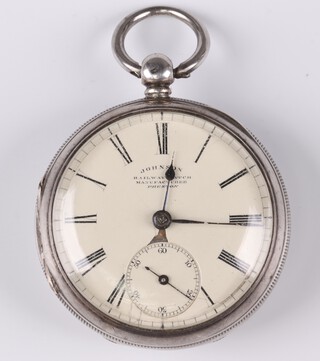 J Johnson, Railway Watch Manufacturer Preston, an open faced key wind pocket watch with enamelled dial, Roman numerals and subsidiary second hand, no.3838, complete with key, contained in a silver case, Chester 1878 