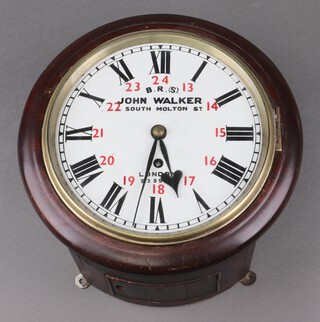 John Walker, a British Railways Southern fusee wire driven wall clock, the 20cm painted dial with roman numerals and 24 hour clock marked BR(S), John Walker, South Molton St, London 5289, SW contained in a mahogany case 27cm diam, complete with pendulum and key 