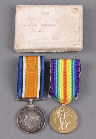 A pair of medals comprising British War medal and Victory medal to TT-0210 Acting Sergeant E Phillips Army Veterinary Corps, in original cardboard case