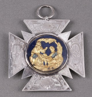 A Victorian Friendly Society silver medal of cross form,  engraved "Presented to George Rowlee G.M by the members of the L.O.OF Wu Bod 1873" London, 1872 by William Neal, 32g gross 