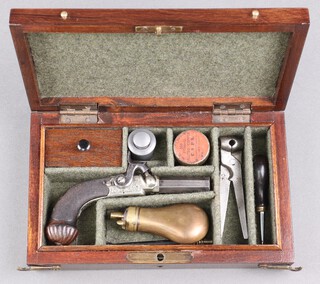 Dooley of Liverpool, a 19th Century box lock pocket pistol with chequer carved grip, the 4cm screw off barrel marked Dooley Liverpool and with proof marks, together with an associated copper and brass powder flask, cleaning rod, bullet mould, turn key and oil can, contained in a box with hinged lid 