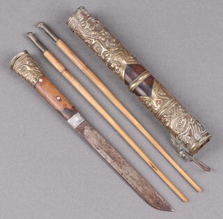 A Chinese trousse eating set comprising knife and chop sticks, circa 1900, contained in embossed metal and leather scabbard 
