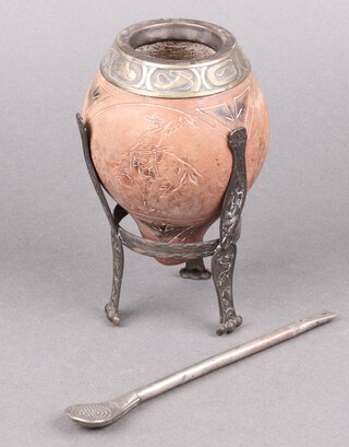 A South American Yerba Mate Gourd Cup with straw 17cm 