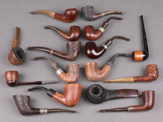 Sixteen various pipes - Rhino, Reject, Brylon 60 Sweden,  Savinelli 920, Savinelli 904 KS, Metro, Colin Leeson hand crafted, Drawel hand crafted, Dry System 3021, Falcon,  5 are unmarked, all have been used