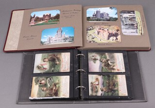 Fifty six various First World War black and white and coloured postcards, contained in a ring bound album together with a 1950's coloured postcard album including England 