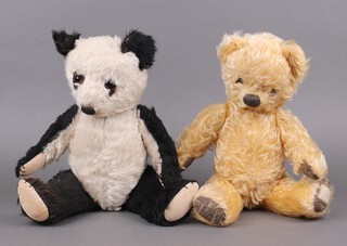 A post-war Chad Valley teddybear in golden mohair with articulated limbs and Chad Valley label to foot 38cm (grown box not working), together with a likely Chad Valley toy panda with articulated limbs 41cm 
