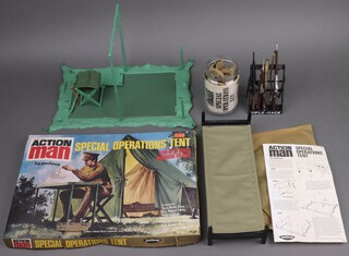 Action Man by Palitoy, a Special Operations tent play set 34146 boxed, together with a Special Operations kit bag 34240, a bunk bed 34221 and a rifle rack complete with 4 rifles 34233 