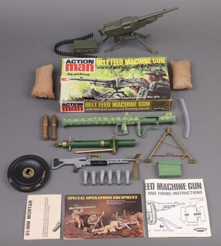 Action Man by Palitoy, a collection of weapons to include a boxed belt feed machine gun (complete though box missing stars), together with a Special Operations Equipment Bazooka 34220, an 81-mm Mortar 34231 and a M60 Machine Gun 34232 