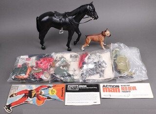 Action Man by Palitoy, a collection of animals and outfits to include a cavalry black horse, Brutus the guard dog (with collar, chain and instructions), Red Devil parachutist outfit, Household Cavalry outfit, Royal Canadian Mounted Police outfit, and Parachute Regiment outfit 