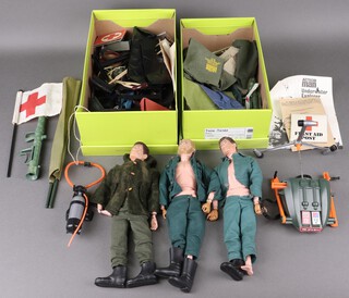 Action Man by Palitoy, 3 early 1970's Action Man figures together with a collection of incomplete/damaged action sets, weapons and uniforms to include turbo copter, military hospital signage and flags, under water explorer outfit, weapons, grenades, tools etc 
