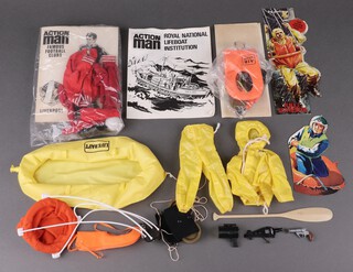 Action Man by Palitoy, a collection of outfits and play sets to include Famous Football Club's Liverpool outfit, RNLI breeches buoy set,  dinghy, life preserver and other accessories