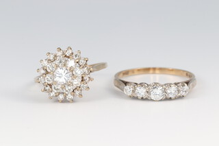 A 9ct gold cluster paste set ring and 1 other sizes R 1/2 and U 1/2, 5.9g gross