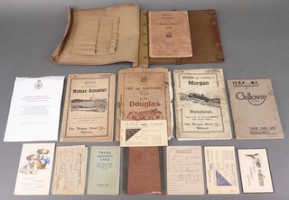 A collection of War Time pamphlets and books containing ID cards, drivers handbook for the Churchill Tank, pamphlets for Hints on Running a Morgan, Hints on Running a Morgan Runabout, Galloway Cars Their Care and Management, price list of spare parts for Galloway Cars, Care and Maintenance of The 350CC E W Douglas, together with a soldiers pay book, travel identity cards, war permit, war time driving licenses and ration cards etc 