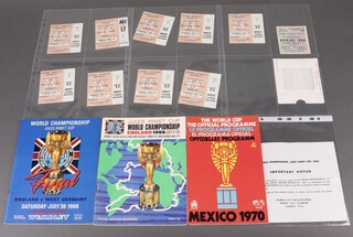 Of football interest, a collection of 8 match tickets from the 1966 Football World Cup tournament to include The 30 July final, together with the Saturday July 30 1966 World Cup final programme, the 1966 Official World Cup souvenir programme, a paper ticket holder and an important advisory notice about tickets, together with a Mexico 1970 World Cup Official programme, an FA Cup Final ticket from April 1950 and newspaper clippings relating to the World Cup 