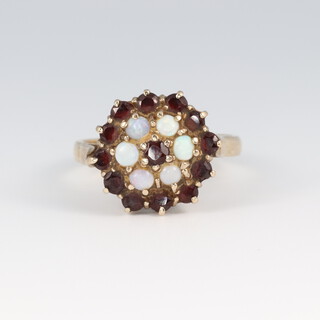 A 9ct gold opal and garnet cluster ring, size R, 4.5g