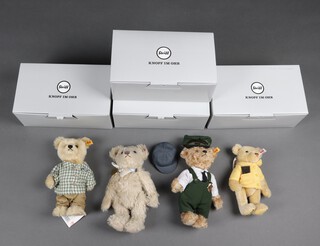 Four Steiff bears - Charlie Bucket 663420, Flying Scotsman 664694, Monty the Gardener 690471 and Footprints in the Sand 690297