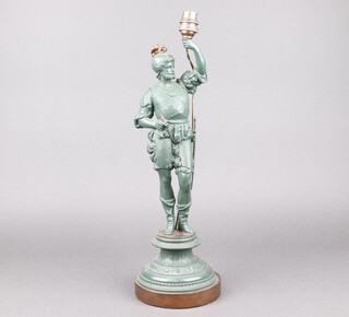 A Victorian spelter figure of a knight, converted to a table lamp 44cm 