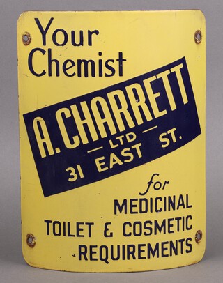Of Horsham interest, an enamelled telegraph pole sign "Your Chemist Acharrett Ltd, 31 East Street Horsham" 31cm x 23cm 