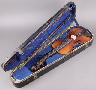 A 2 piece violin 13", together with 2 bows and a wooden carrying case 
