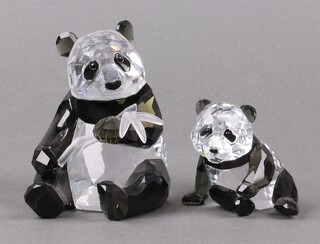 Two Swarovski Crystal  Collectors Club 2008 annual edition figure of Pandas including a figure of a mother and cub, 8cm and 5cm,  boxed  and with brochure 