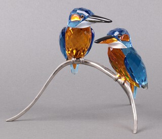 A Swarovski Crystal  2013 figure group of of Kingfishers - Blue Turquoise 15cm, boxed 
