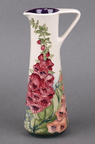 A Rachel Bishop for Moorcroft an Amberswood pattern tapered jug decorated fox gloves, the base marked 195 and signed Rachel Bishop 24cm 
