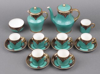 A 16 piece Maling green and gilt patterned coffee service comprising coffee pot (rings flat), lidded cream jug, sugar bowl, 7 cups (4 ring flat and 1 is chipped to rim), 6 saucers 