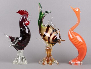 Three Murano glass figures - cockerel 30cm, fish 32cm and bird 33cm