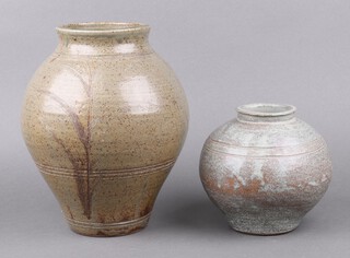 An Art Pottery vase with scaglio floral decoration, base impressed A, 27cm, together with a squat ditto base impressed C, 16m 