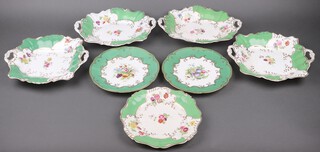 A Derby style green and gilt 5 piece fruit service comprising pair of square twin handled bowls (1 rings flat) and a pair of rectangular twin handled bowls  (1 rings flat) and plate (cracked), together with 2 green and floral patterned plates base marked Thomas Goode (1 cracked, 1 glued) 