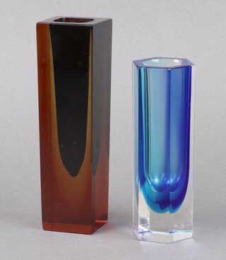 A Murano Sommerso hexagonal blue glass vase 14cm based signed Murano together, with a Murano square glass vase 18cm