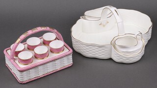A Victorian 6 piece egg cruet in the form of a rectangular basket, a Coalport strawberry set with shaped dish, cream jug and sugar bowl 