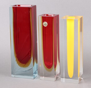A Murano Sommerso red glass specimen vase with label 25cm, a yellow ditto 25cm and a Murano red etched glass slab shaped vase 29cm 