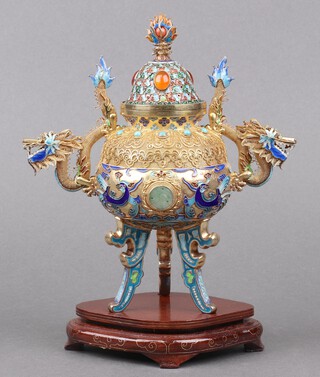A Chinese 20th Century Chinese sliver gilt filigree and enamelled censor with jade and hardstone panels,  2 drop beads (loose) and dragon handles, base marked 925 silver, 16cm, on a wooden stand, following the Qianlong period "Jin Ou Cup" held in the Wallace Collection in London 