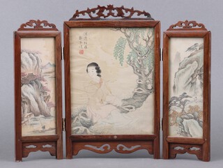 An early 20th Century Chinese printed silk table screen contained in a pierced hardwood triptych frame 26cm x 33cm 