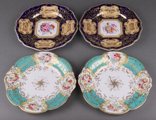 A pair of 19th Century Derby style porcelain plates with floral decoration and gilt banding, no. 964, 25cm (1 cracked), together with a pair of 19th Century green and floral porcelain plates 25cm (1 has repair) 